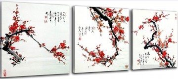 Establecer grupo Painting - flor de ciruelo con caligrafía china en paneles decorados